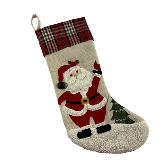 Christmas Stocking Santa Claus Plaid Red Bird Cardinal Tree Bell 18" - Picture 1 of 8